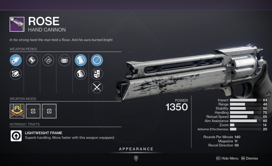Rose Hand Cannon Season 19 Crucible Weapon