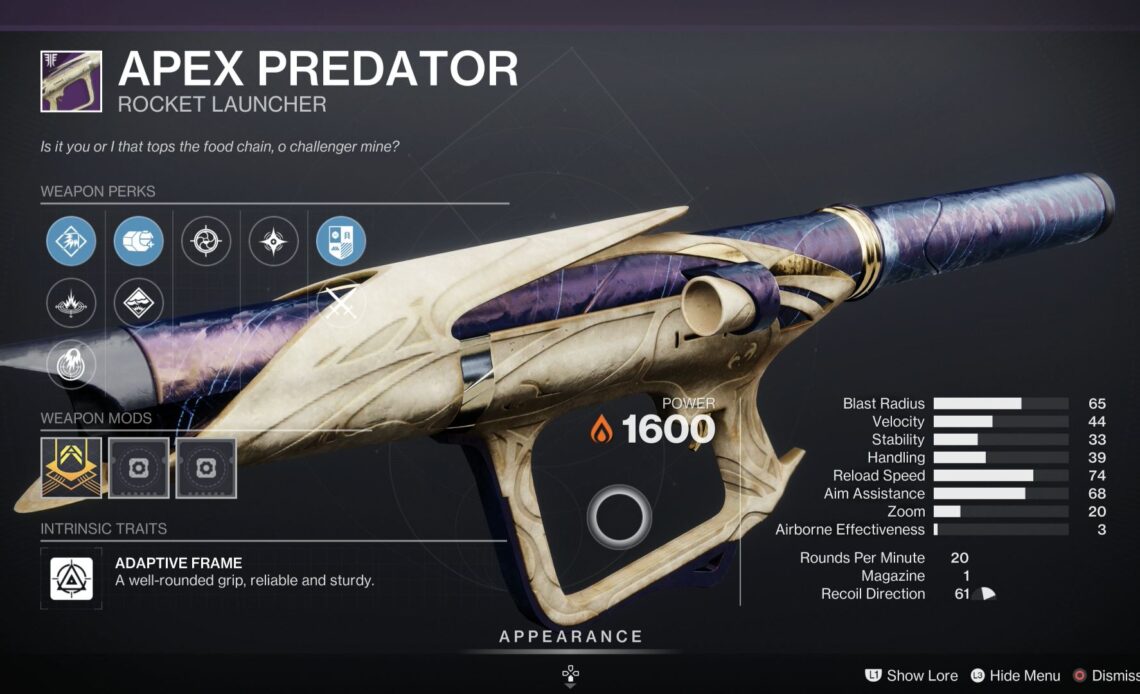 Destiny 2 Apex Predator God Roll e come ottenerlo