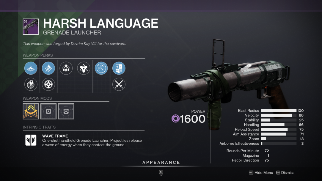 Destiny 2 Harsh Language Gernade Launcher
