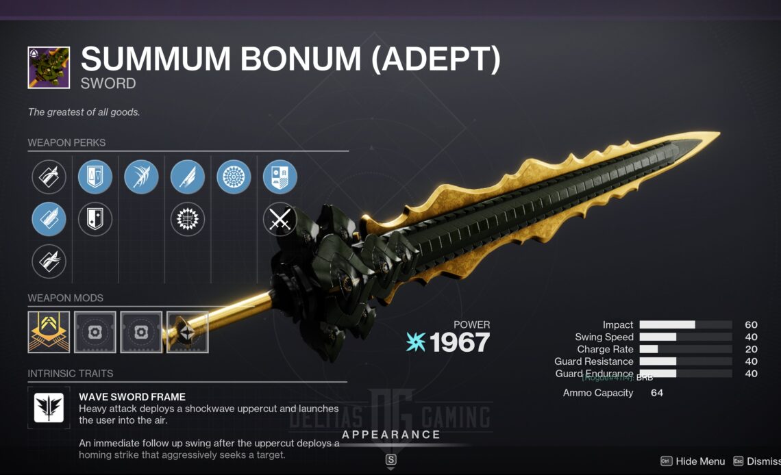 Destiny 2 Summon Bonum Arc Sword