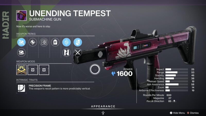 Pistola mitragliatrice Tempesta infinita di Destiny 2