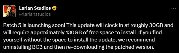 Download della patch 5 di Larian Studios da 130 GB e 30 GB