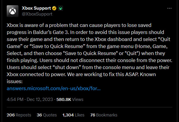 I salvataggi Xbox mancanti di Baldur's Gate 3 sono ancora in corso