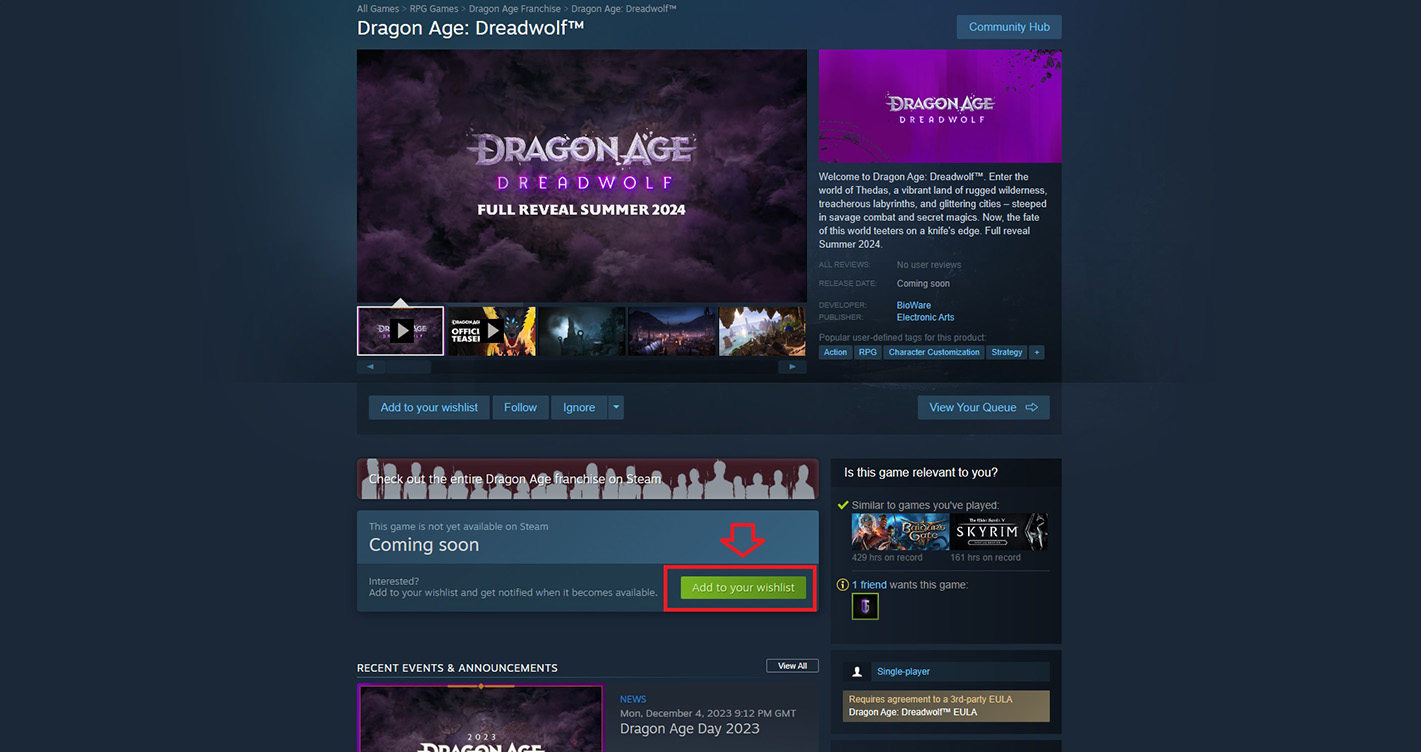 Lista dei desideri Dragon Age Dreadwolf su Steam ORA