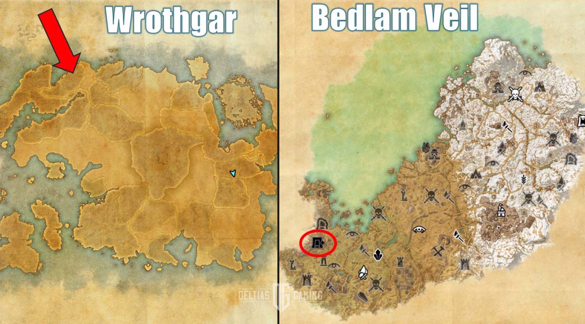 Posizione sulla mappa del dungeon di Bedlam Veil in ESO dove puoi trovare Sluthrug's Hunger