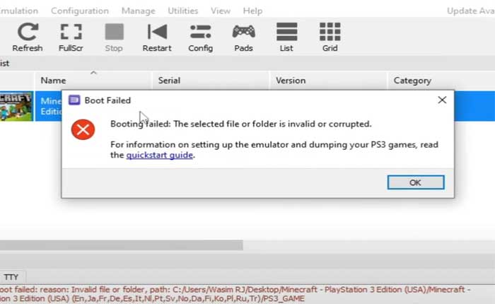 RPCS3 Boot Failed The Selected File or Folder Is Invalid or Corrupted Error