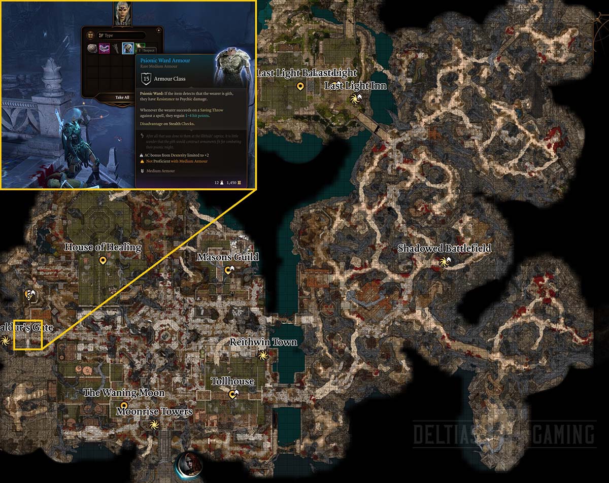 Posizione sulla mappa dell'armatura della protezione psionica nell'Atto 2 - Baldur's Gate 3 - BG3