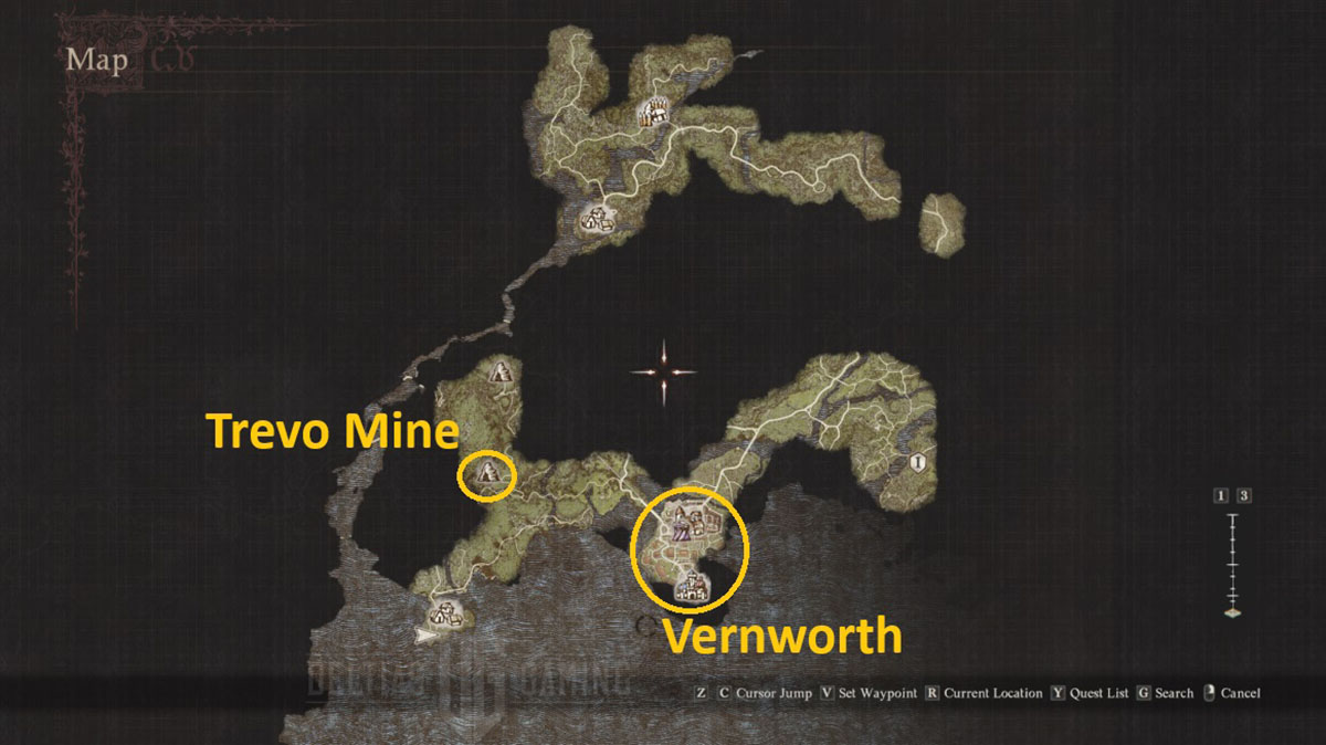 Dragon's Dogma 2 - Posizione della Vernworth Vocation Guild e della Trevo Mine sulla mappa