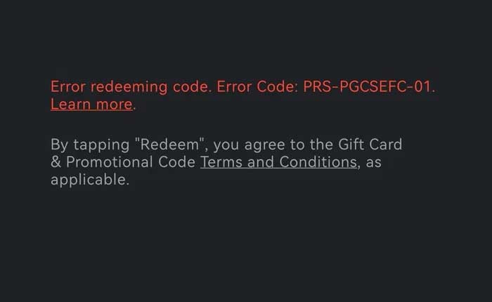 Error Redeeming Code PRS-PGCSEFC-01