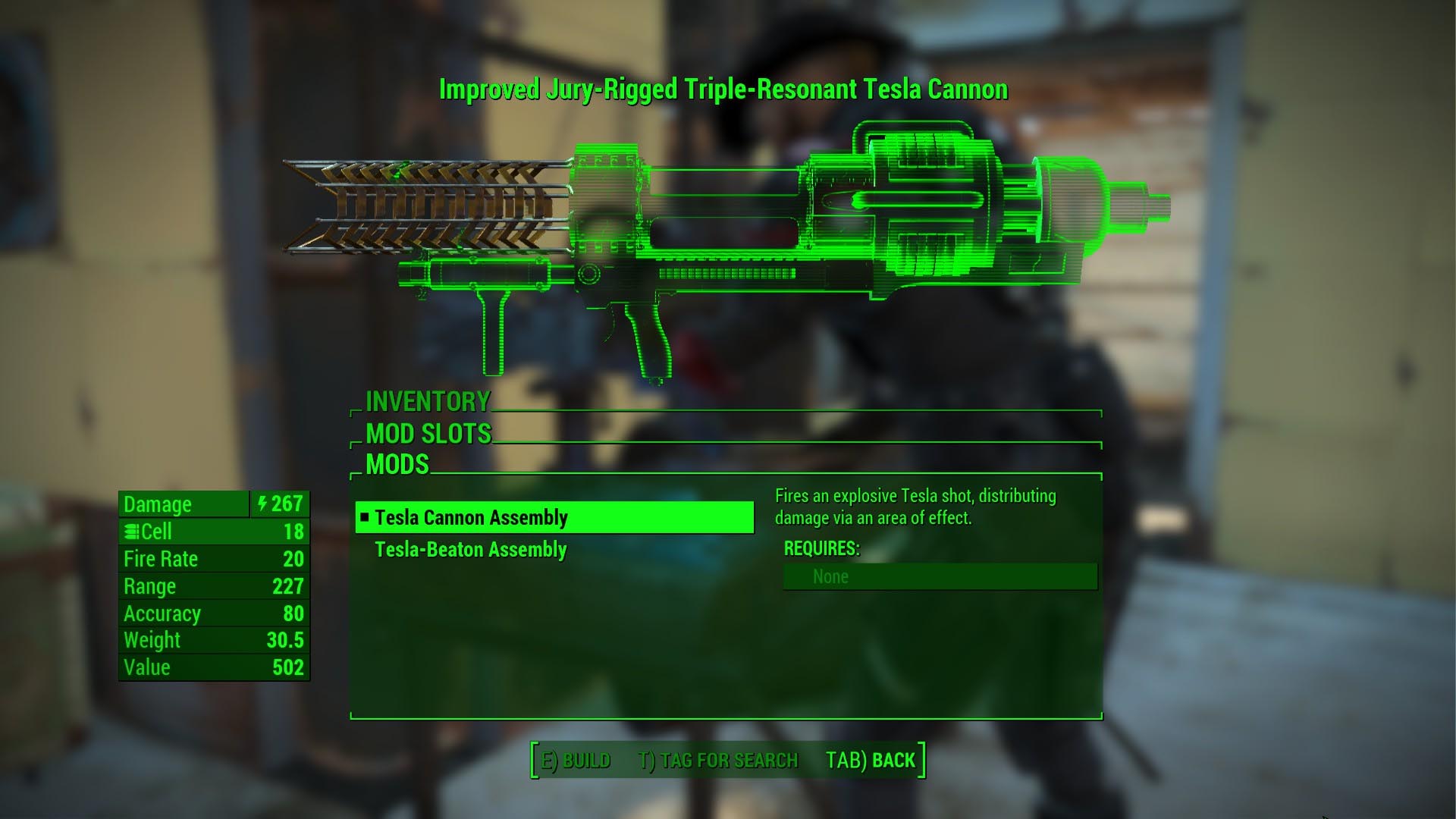 Cannone Tesla di Fallout 4 con mod di assemblaggio per due diversi effetti AOE