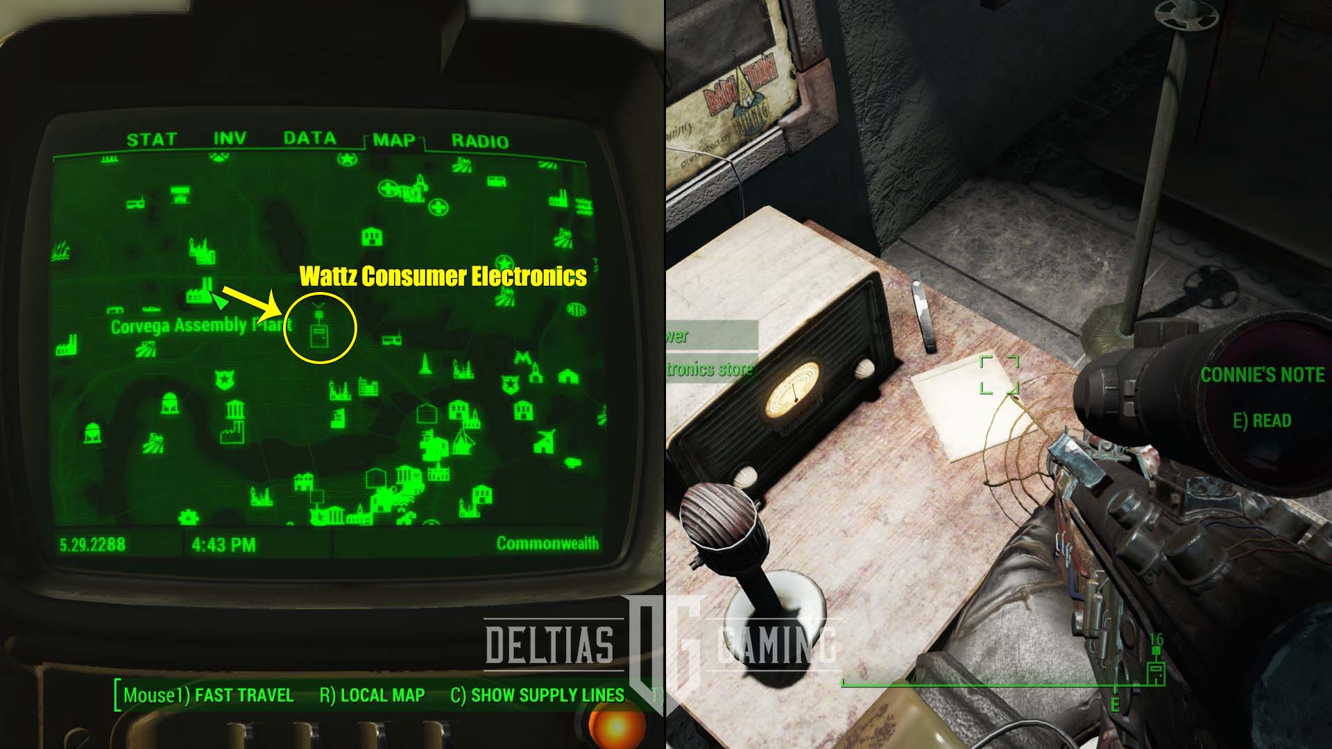 Fallout 4 Speak of the Devil Wattz Consumer Electronics posizione sulla mappa e nota di Connie