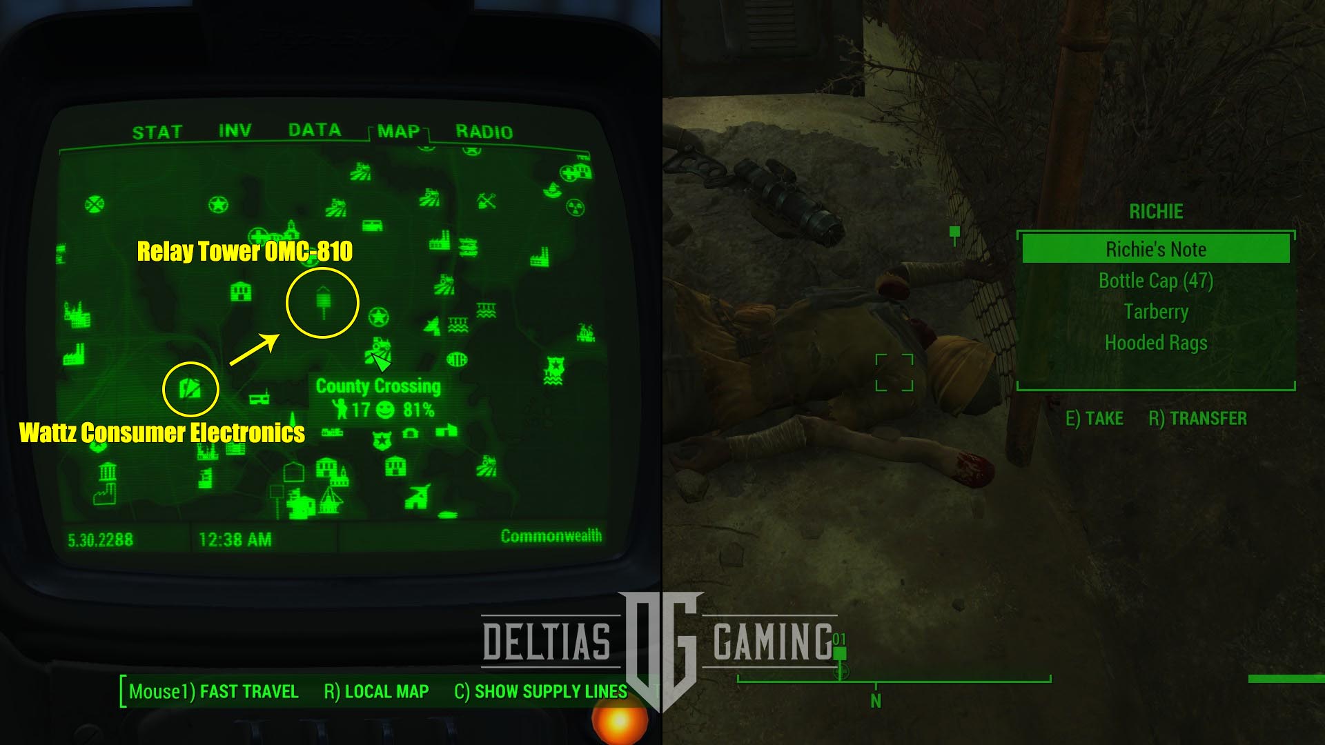 Fallout 4 Parla della posizione sulla mappa della Devil Relay Tower OMC-810 e della nota di Richie