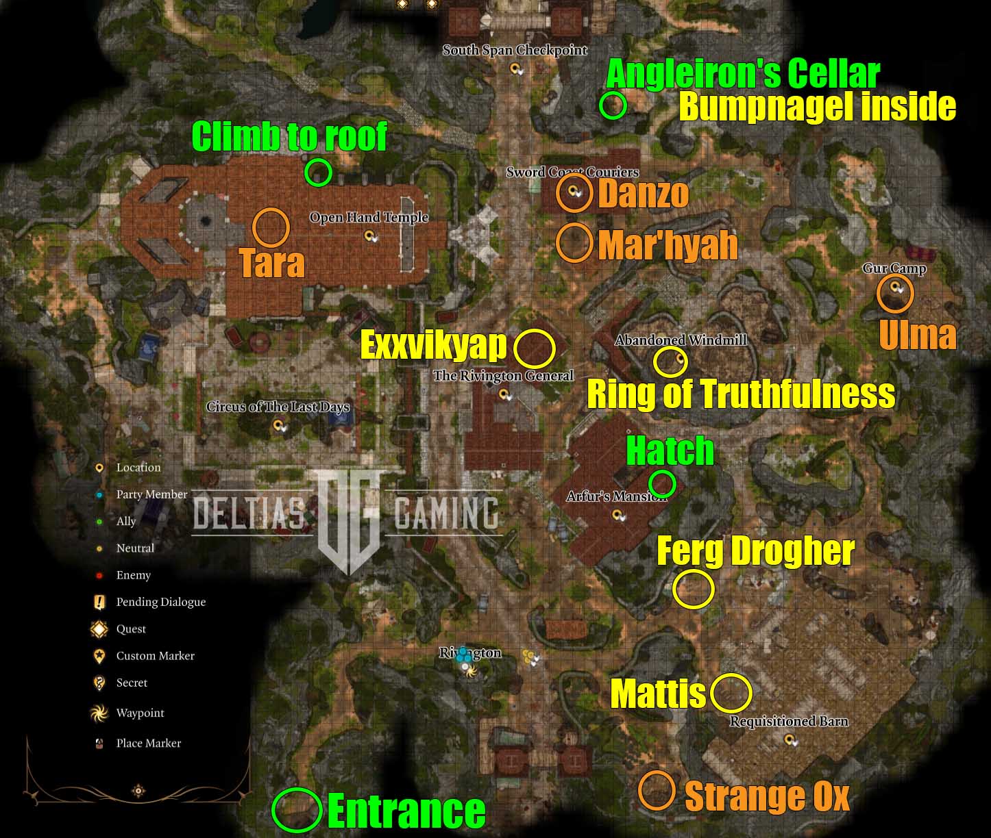 Mappa della posizione di Baldur's Gate 3 Rivington Strange Ox, Ulma, Angleiron's Cellar, Exxvikyap