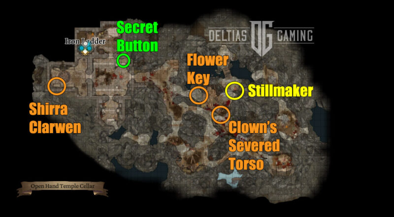 Baldur's Gate 3 Mappa della posizione della cantina del tempio a mano aperta Pulsante segreto Shira Clarwen Stillmaker