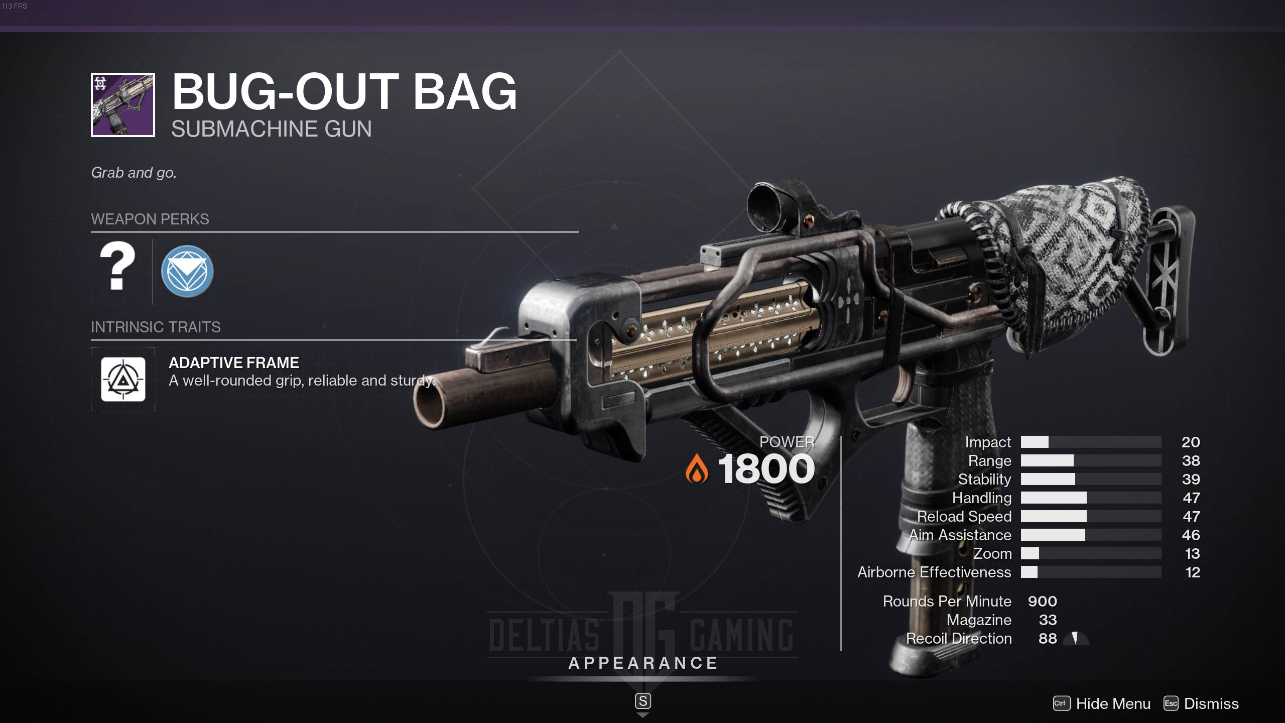 Pistola mitragliatrice con borsa Bug-Out di Destiny 2