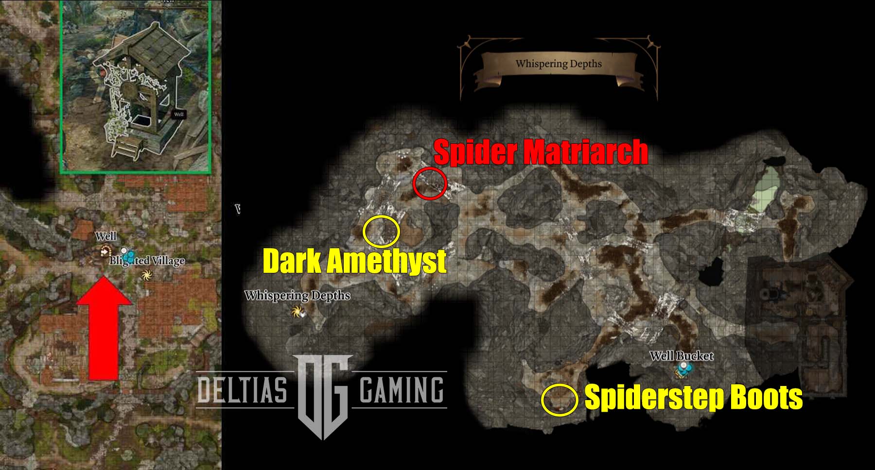 Mappa di Baldur's Gate 3 Whispering Depths Spider Matriarca Dark Amethyst Spiderstep Boots
