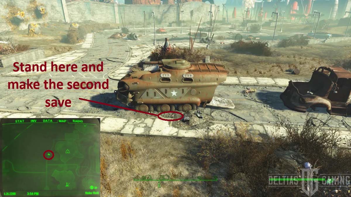 Come ottenere armi e armature leggendarie - Secondo salvataggio - Posizione di salvataggio del carro armato Fallout 4