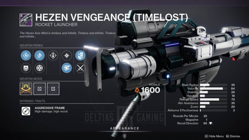 Lanciarazzi Timelost di Destiny 2 Hezen Vengeance