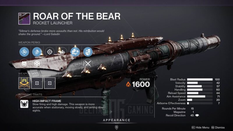 Destiny 2 Il ruggito dell'orso lanciarazzi
