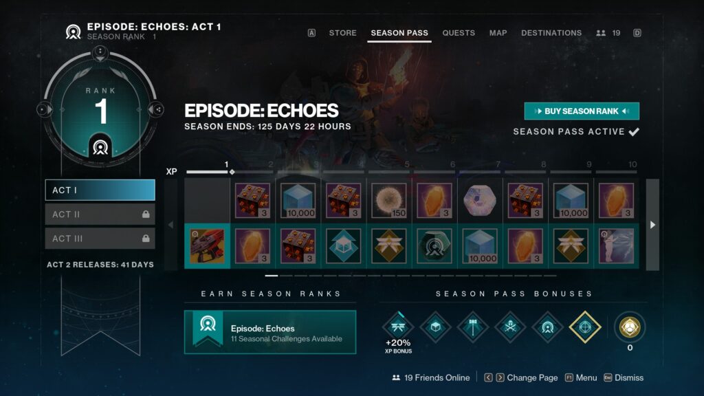 Destiny 2 Episode Echoes Act 1 Season Pass Rewards