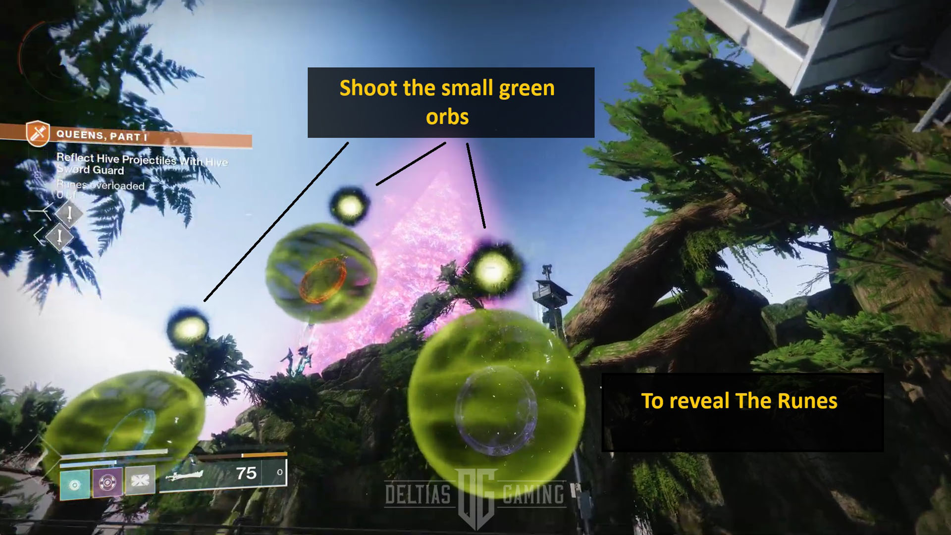 Destiny 2 - Destined Hereos Quest - Spara alle piccole sfere verdi per rivelare le rune - puzzle 4