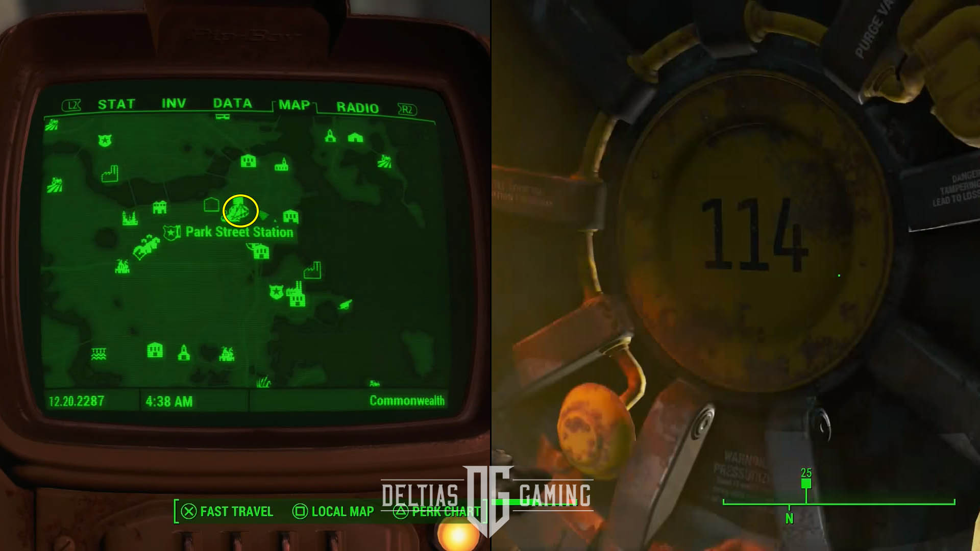 Posizione sulla mappa del Vault 114 di Fallout 4 presso la stazione di Park Street