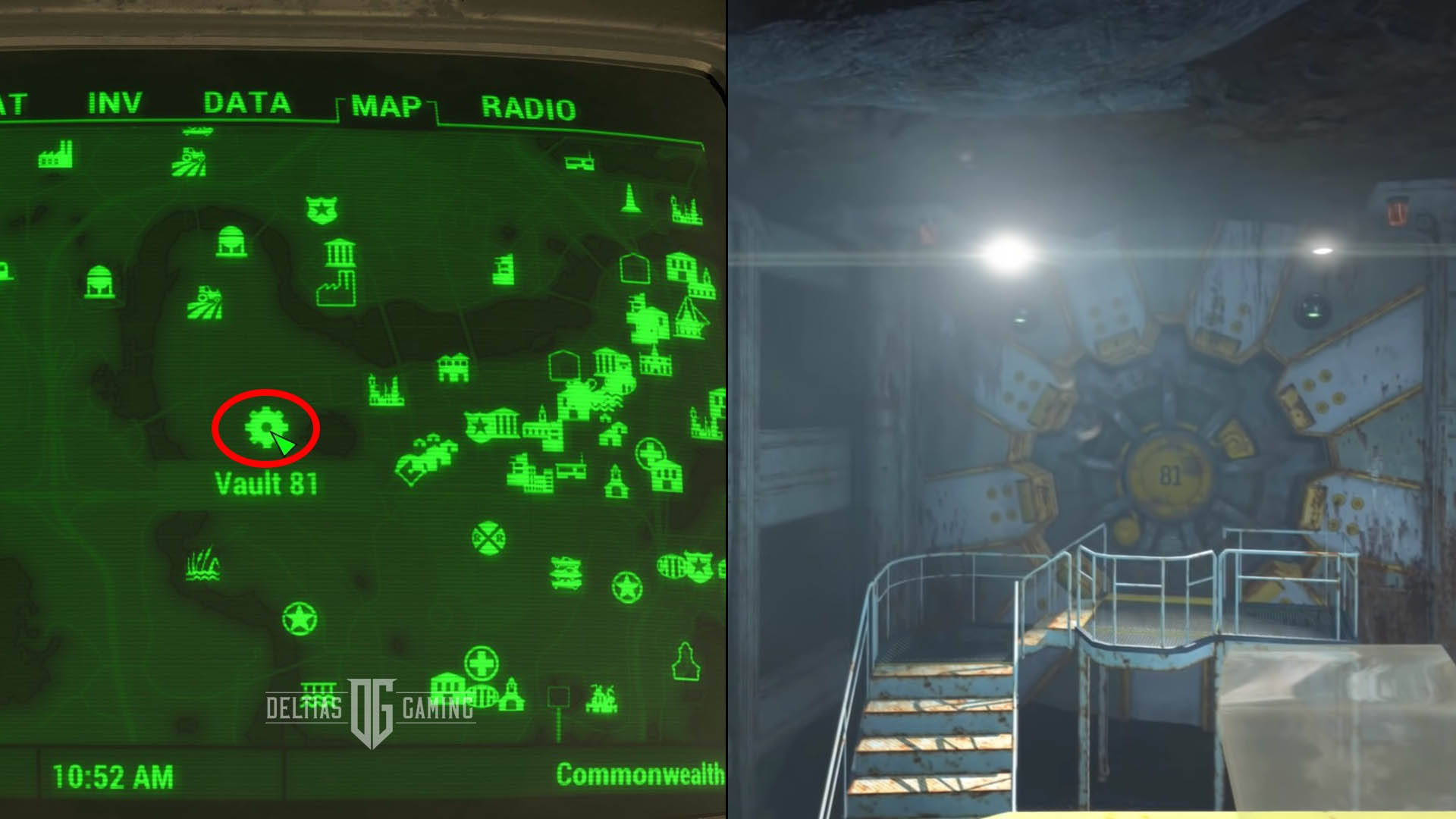 Posizione sulla mappa di Fallout 4 Vault 81 a ovest del mercato di Diamond City
