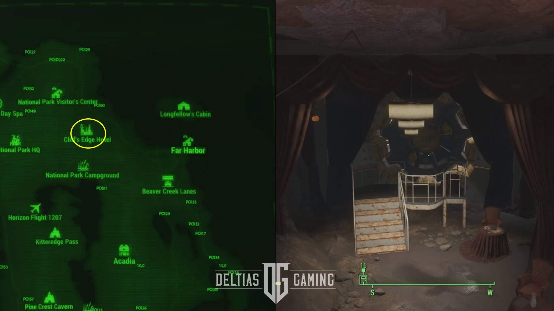 Posizione sulla mappa di Fallout 4 Vault 118 al Cliff's Edge Hotel