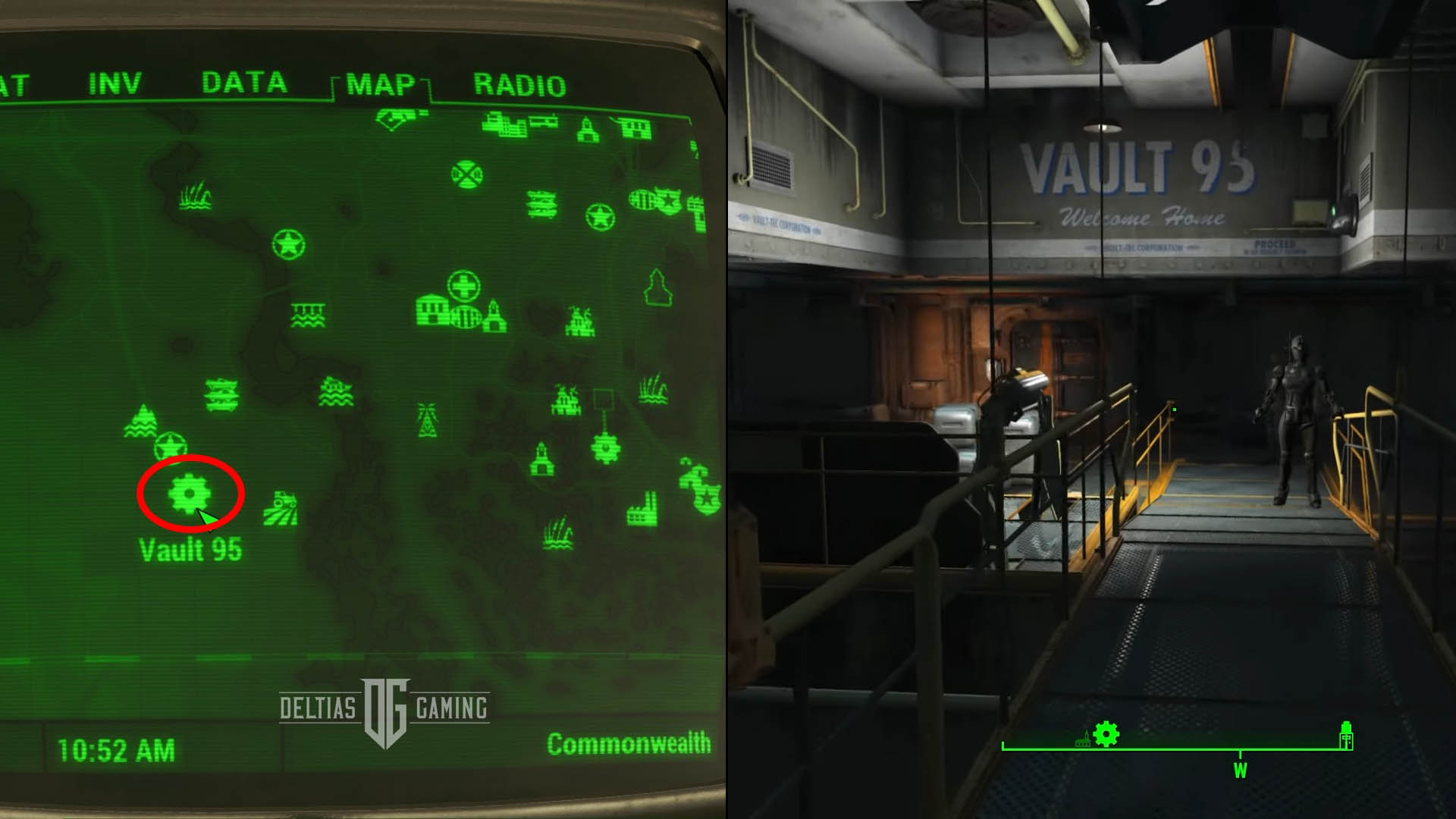 Posizione sulla mappa di Fallout 4 Vault 95 a sud-est del Bordo del Mare Splendente