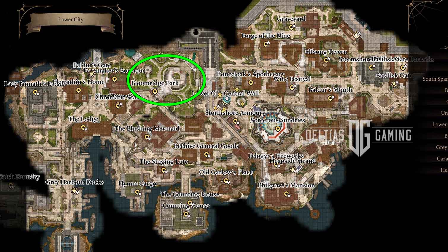 Baldur's Gate 3 Atto 3 Mappa della città bassa Bloomridge Park