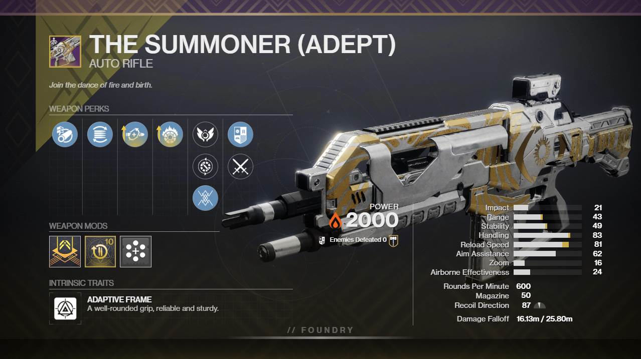 Destiny 2 The Summoner PvE God Roll