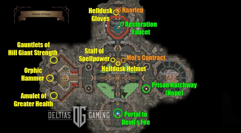 BG3 Mappa della posizione della Casa della Speranza Martello Orfico Guanti della Collina Forza del Gigante Haarlep