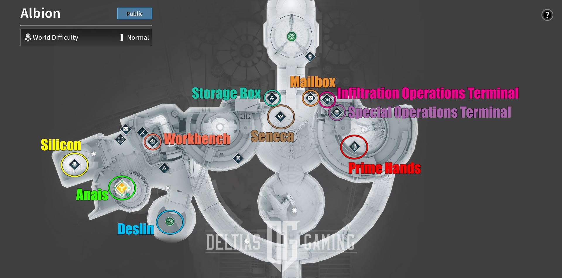 La mappa di Albion del primo discendente Anais Silicon Deslin Seneca Prime Hands Workbench