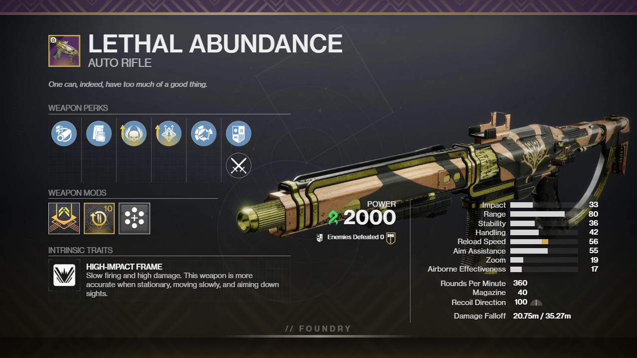 Destiny 2 Abbondanza Letale PvE God Roll