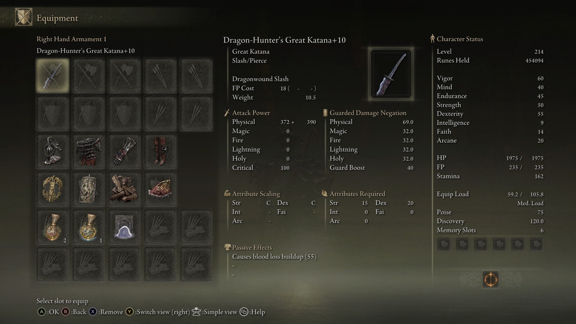 Elden Ring Grande Katana Build - Statistiche