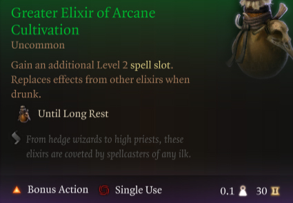 BG3 Elisir Maggiore della Coltivazione Arcana tooltip completo