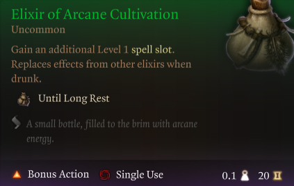 BG3 Elisir della coltivazione arcana tooltip completo