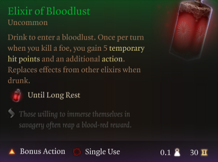 Baldur's Gate 3 Elixir of Bloodlust tooltip completo