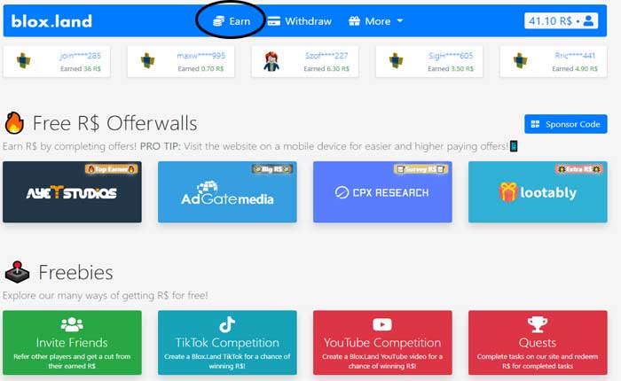 Free Robux Earning Sites Bloxland