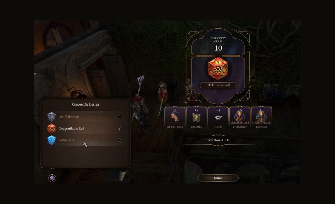 Click on the bottom left icon during a dice roll to see the available skins (Source: Larian Studios)