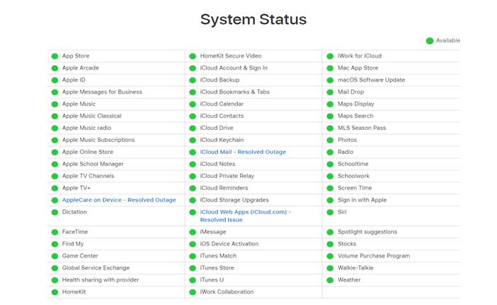 Controlla lo stato del server iCloud