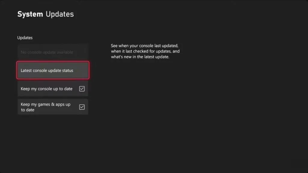 Sezione aggiornamenti di sistema Xbox