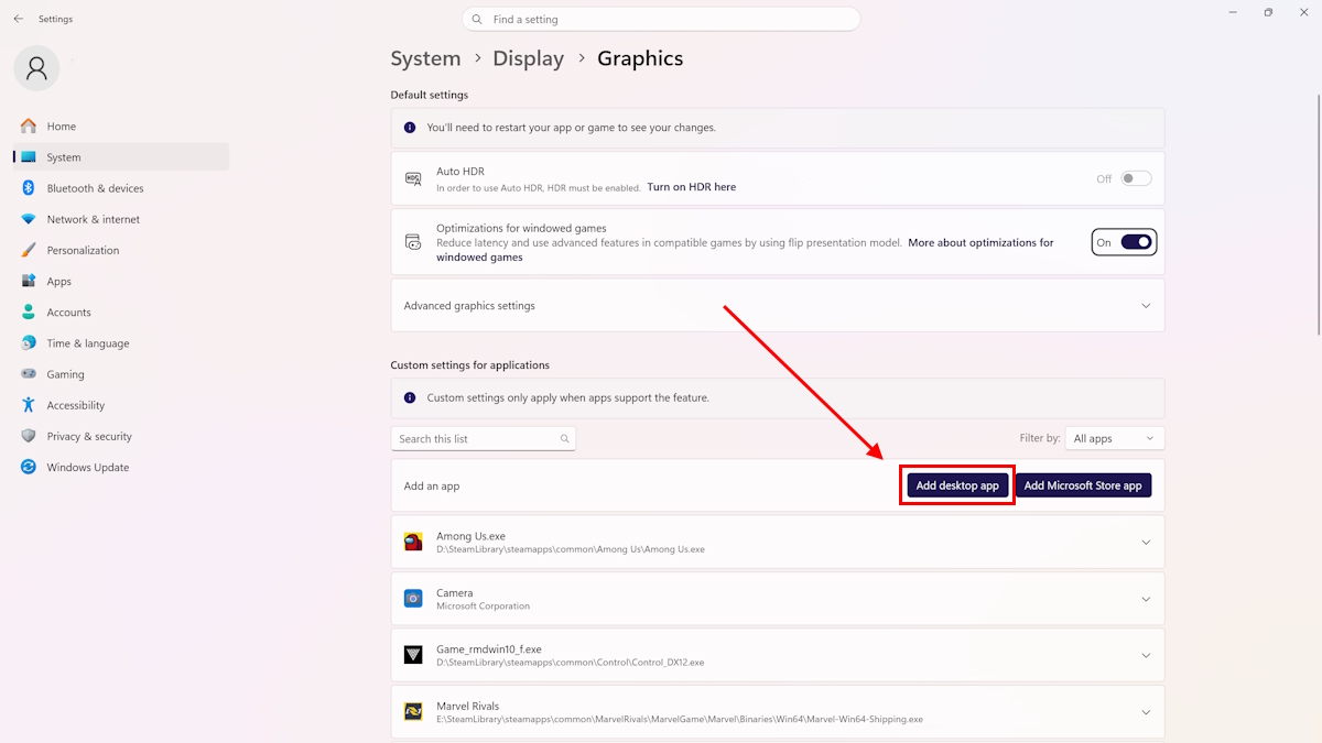 Aggiunta dell'app desktop nelle impostazioni grafiche di Windows