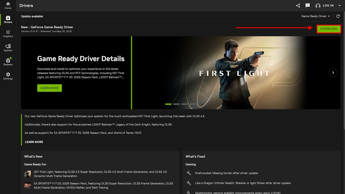 Aggiornamento dei driver NVIDIA per 007 First Light