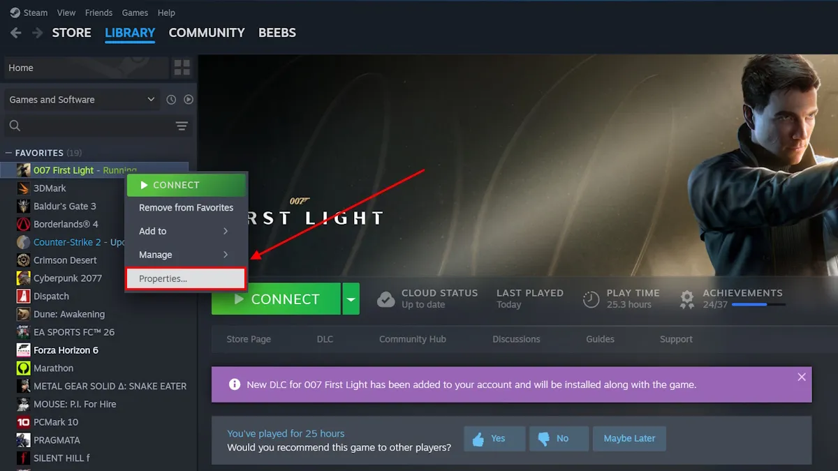 Menu proprietà di 007 First Light su Steam