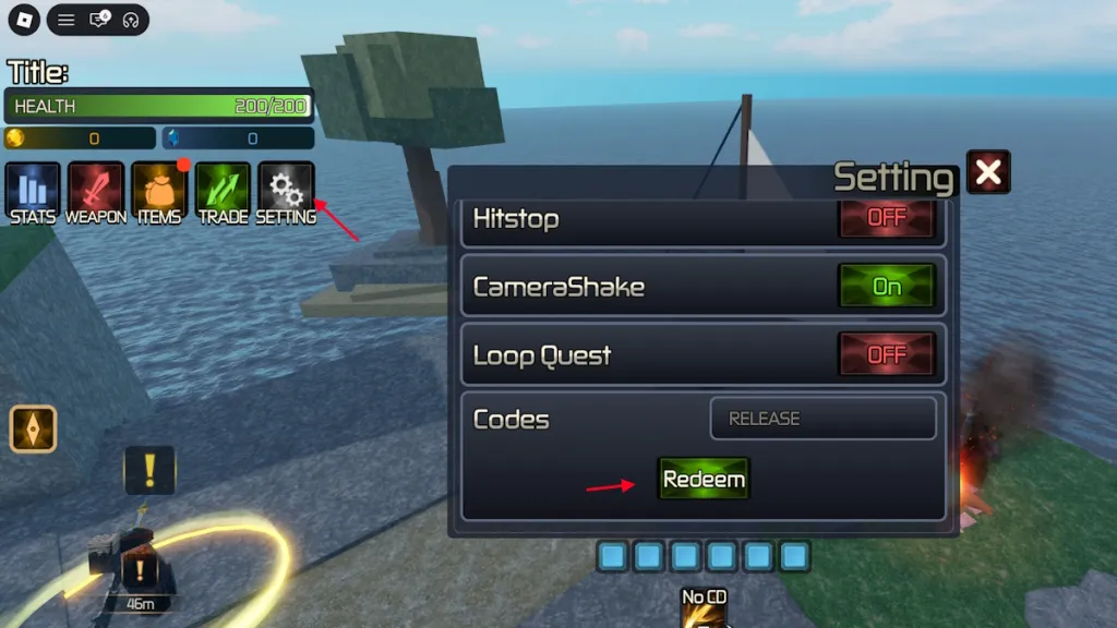 Schermata di riscossione dei codici in Broken Blade su Roblox