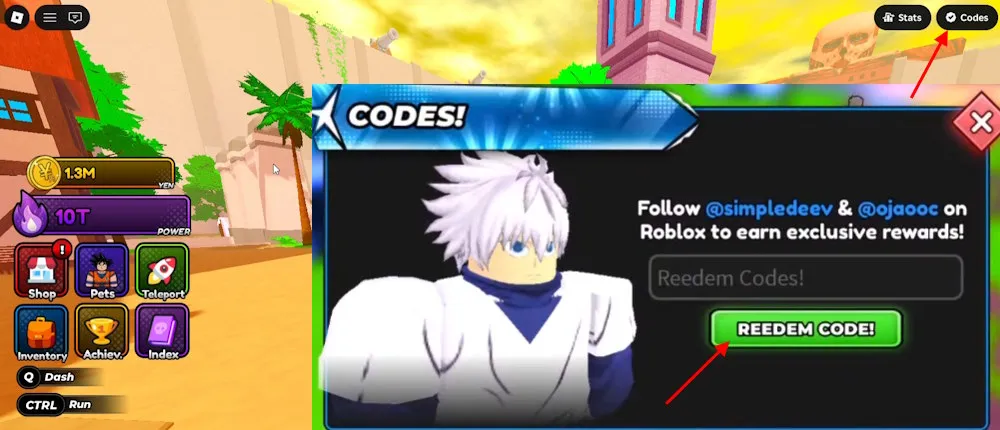 Schermata della sezione codici di Anime Astral Simulator su Roblox