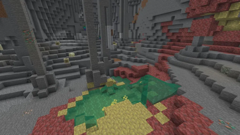 Mappa di una Sulfur Cave in Minecraft con blocchi di zolfo e cinabro