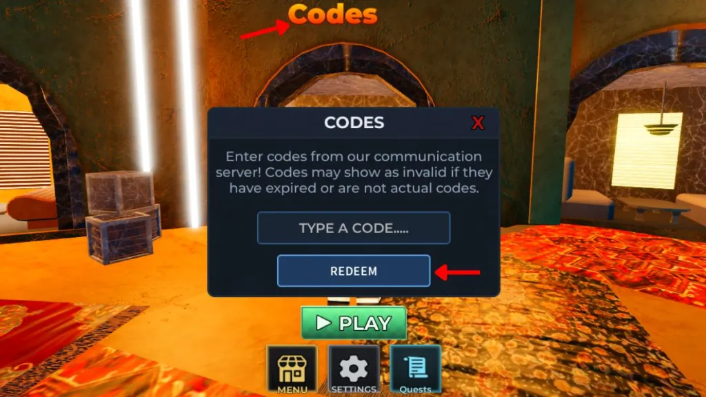Schermata di riscatto dei codici Saber Unbound su Roblox