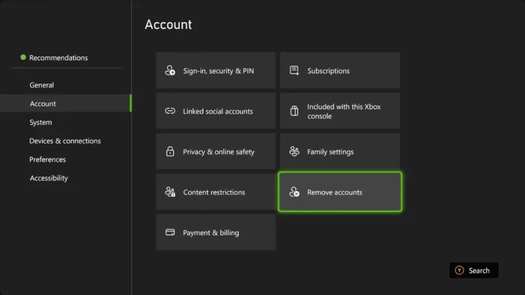 Procedura di rimozione dell'account su Xbox